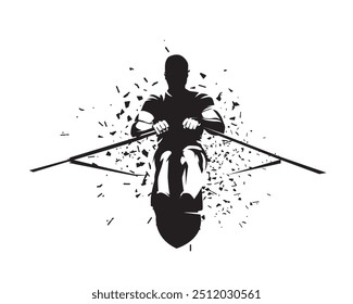 Rowing, athlete rows, front view isolated vector silhouette. Water sport logo