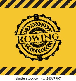 Rowing black grunge emblem, yellow warning sign. Vector Illustration. Detailed.