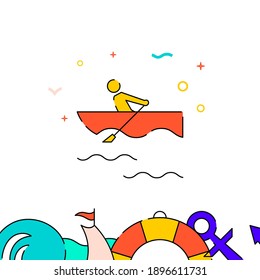 Rowing boat filled line vector icon, simple illustration, water safety and watercraft related bottom border.