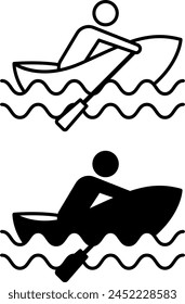 Rowing Boat Icons. Black and White Vector Icons. Man Sailing on a Boat with Oars. Water Transport Concept