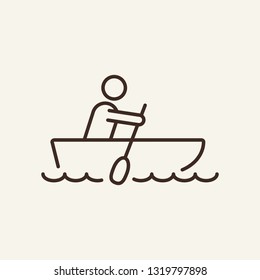 Rowing boat line icon. Man sitting in rubber boat on white background. Maritime transport. Vector illustration can be used for topics like sea, transportation, logistics