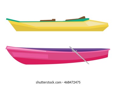 Rowing boat with paddles and canoe vector flat design illustration isolated on white background.