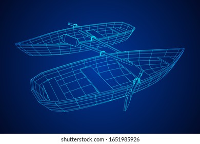 Rowing boat with paddles. Wireframe low poly mesh vector illustration