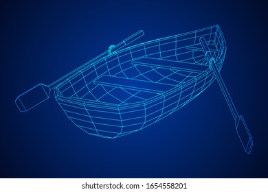 Rowing boat with paddles. Wireframe low poly mesh vector illustration
