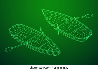 Rowing boat with paddles. Wireframe low poly mesh vector illustration