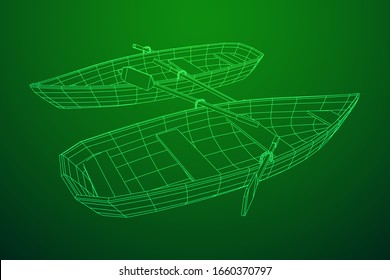 Rowing boat with paddles. Wireframe low poly mesh vector illustration