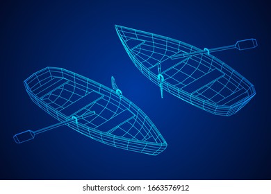 Rowing boat with paddles. Wireframe low poly mesh vector illustration