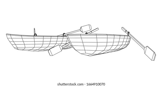 Barco de remo con remo. Ilustración vectorial de malla baja del bastidor de alambres