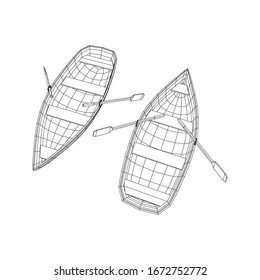 Rowing boat with paddles. Wireframe low poly mesh vector illustration