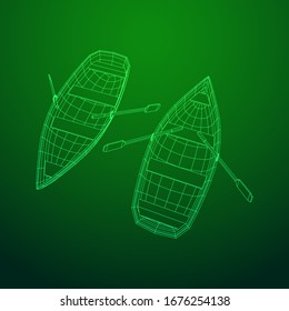 Rowing boat with paddles. Wireframe low poly mesh vector illustration