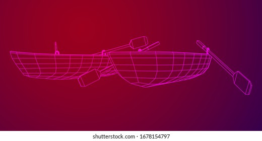 Rowing boat with paddles. Wireframe low poly mesh vector illustration