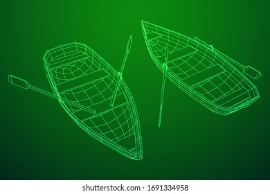 Rowing boat with paddles. Wireframe low poly mesh vector illustration