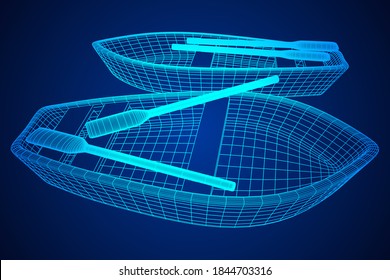 Rowing boat with paddles. Wireframe low poly mesh vector illustration