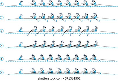 Rowing boat team. Step by steps. Women rowing with a coach vector illustration. 