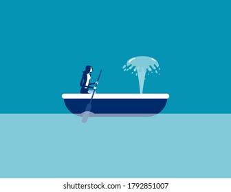 Rowing Boat And Watching The Water Squirting Inside. Boat Is Sinking Concept