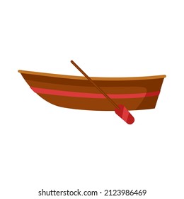 Rowing Boat. Wooden Boat With Red Waterline And Oar. Icon, Clipart For Website About Travel, Pirates, Sports. Vector Flat Illustration, Cartoon Style.