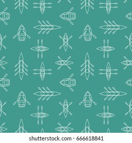 Rowing boats silhouettes seamless pattern with linear outline icons. Sailing boat background design for wrapping paper, paper packaging, textile, party invitations, greeting card. Vector illustration.