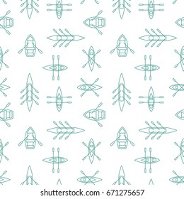 Rowing boats silhouettes seamless pattern with linear outline icons. Sailing boat background design for wrapping paper, paper packaging, textile, party invitations, greeting card. Vector illustration.