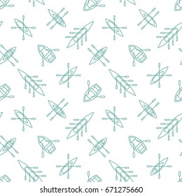 Rowing boats silhouettes seamless pattern with linear outline icons. Sailing boat background design for wrapping paper, paper packaging, textile, party invitations, greeting card. Vector illustration.