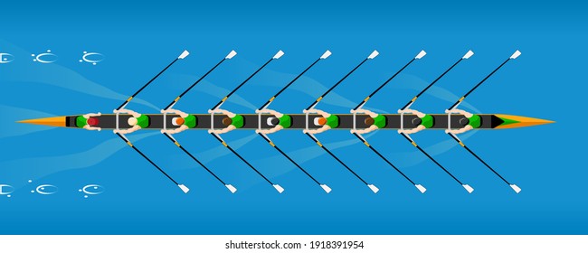 Rowing Competition, The Team On Coxed Octuple Scull Rowboat. Rowing Boat Floating On The River Or Lake. Color Vector Illustration.