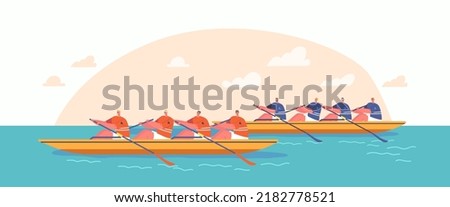 Rowing Competitions, Sport. Athletes Swim On Canoe or Kayak Boats, Two Teams of Men Athlete In Sportswear Rowing Oar Compete for Victory in Race or Water Games Tournament. Cartoon Vector Illustration