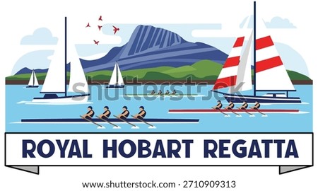 Rowing eights and yachts compete in a regatta on the water with a mountain view