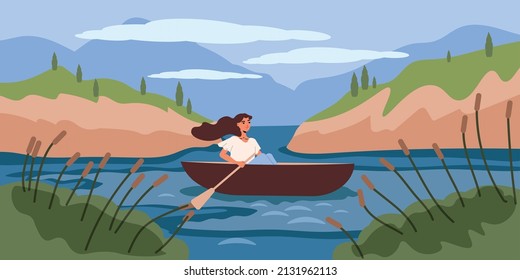 Rowing as form of recreation flat poster with young girl traveling in boat for pleasure vector illustration