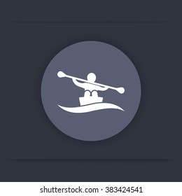 Rowing icon, kayaking icon, rowing sign, canoeing icon, rowing pictogram, round flat icon, vector illustration