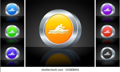 Rowing Icon on 3D Button with Metallic Rim Original Illustration 