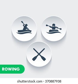 Rowing icons, kayaking, rafting, canoe, rower, oars icons on round 3d shapes, vector illustration