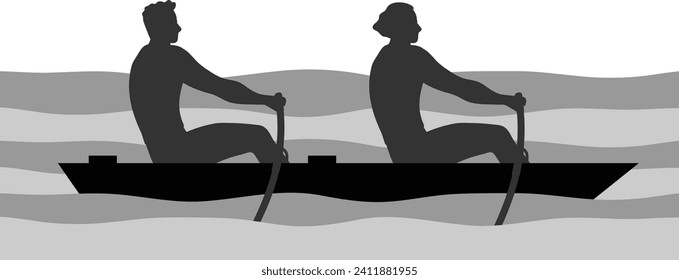 Konzept der Ruderillustration. Flaches Silhouette
Illustration einzeln auf weißem Hintergrund.
Zwei Jungs in einem Boot schwimmen auf dem Fluss,
das Konzept der Ruderwettbewerbe,
Kanu. Vektorgrafik 