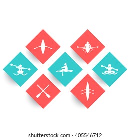 Rowing, kayak, canoe, boat, rafting, oars rhombic icons on white, vector illustration