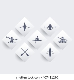Rowing, kayak, canoe, rafting, oars rhombic icons set, vector illustration