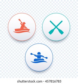 Rowing, kayaking, rafting, canoe, boat icons, vector illustration