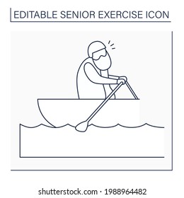 Rowing line icon. Man racing boat using oars. Physical activity. Prevention diseases. Sport life. Senior exercise concept. Isolated vector illustration. Editable stroke