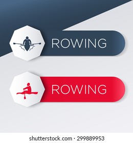 Rowing logo, icon, banner, label in blue and red, vector illustration, eps10, easy to edit