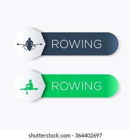 Rowing logo, icon, banner, label in blue and green, vector illustration