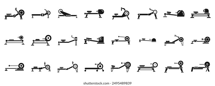 Rowing Machine icons set. Athletes training on rowing machine using oars icon set. Simple set of athletes training on rowing machine using oars vector icons for web design on white background