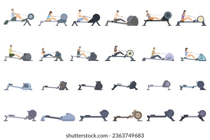 Rowing Machine icons set cartoon vector. Active row. Fitness health