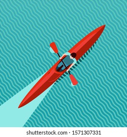 Rowing man. Top view of kayak boat. Canoe race vector illustration, flat style. Water sport background.