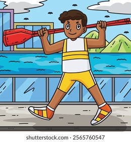 Rowing Oarsman Carrying Oars Colored Cartoon 