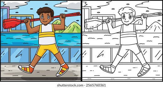 Rowing Oarsman Carrying Oars Coloring Illustration