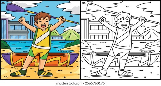 Rowing Oarsman Raising Oar in Victory Illustration