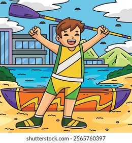 Rowing Oarsman Raising Oar in Victory Colored 