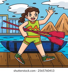Rowing Oarswoman Carrying Oars Colored Cartoon