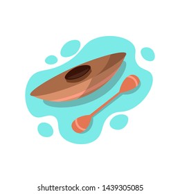 Rowing race boat for one person. Kayak ride icon in blue water, vector illustration. Canoe with paddle in water, vector icon