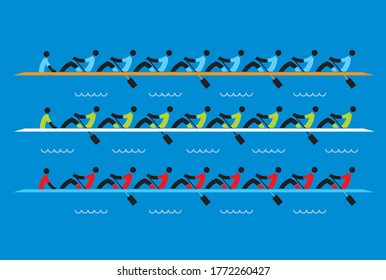 Rowing Race, Eights.
Stylized Illustration Of Three Boats,rowers Competitors On Blue Background.Vector Available.