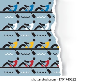 Rowing race , iconos en el fondo de papel desgarrado.
Fondo con símbolos de remo coloridos. Plantilla de banner, lugar del texto o imagen. Vector disponible.