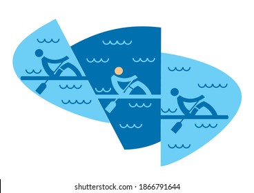 Rowing Race.
Three Symbols Of Rowers On Blue Decorative Background.  Vector Available.