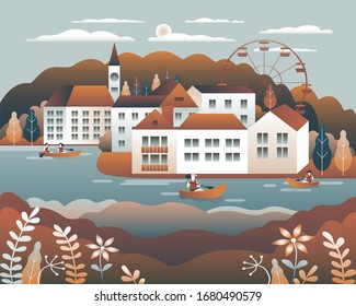 Remo, navegación en embarcaciones como deporte o forma de recreación vectorial ilustración plana. Paseo en bote para toda la familia al aire libre. Viaje, vaya en bote por placer. Paisaje con lago, la gente va en bote 